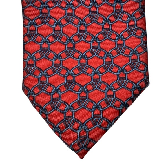 HERMÈS Paris Geometric Link Red and Blue Pattern 7075 OA Silk Tie - Picture 2 of 8